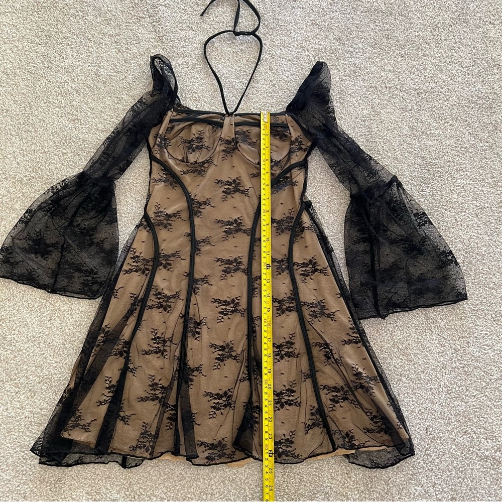 Whimsygoth Black Lace Overlay Fitted Mini Dress with Lace Bell Sleeves NWT - Picture 8 of 10